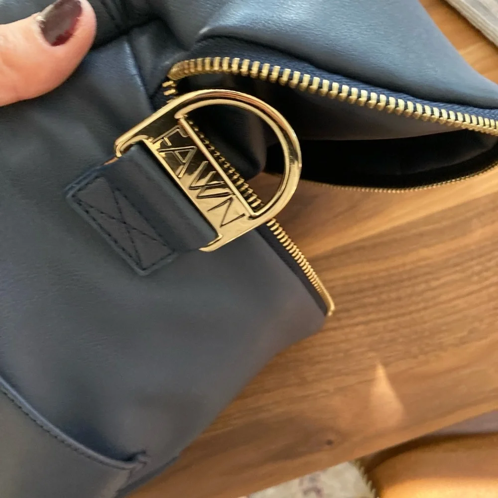 Fawn Design Navy Blue Leather Baby Bag with Gold Hardware